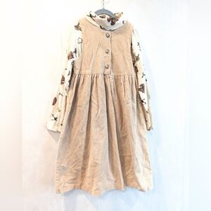 VINTAGE Girls Cream Corduroy Overall Dress With Horse Equestrian Turtleneck